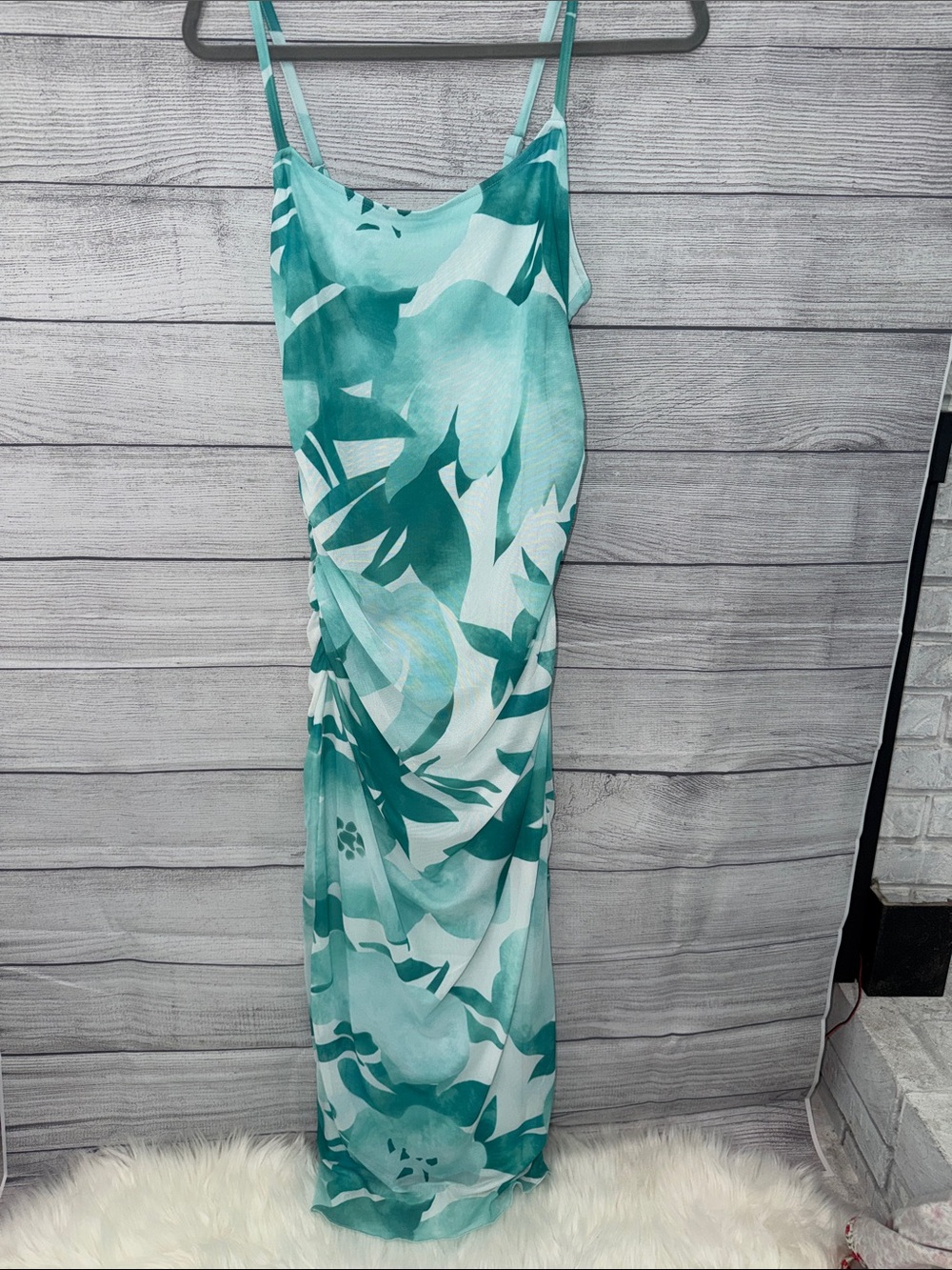 Teal Floral Satin Slip Maxi Dress